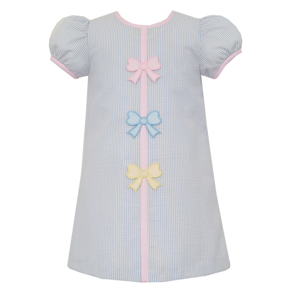 Pastel Bows on Light Blue Seersucker A-Line Dress by Claire & Charlie