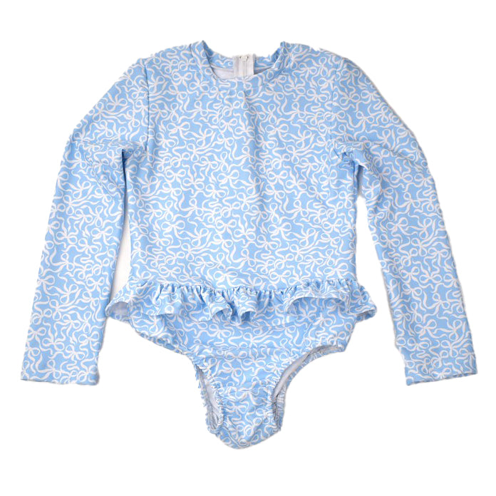Bow Print on Blue Ruffle Rashguard by Funtasia Too