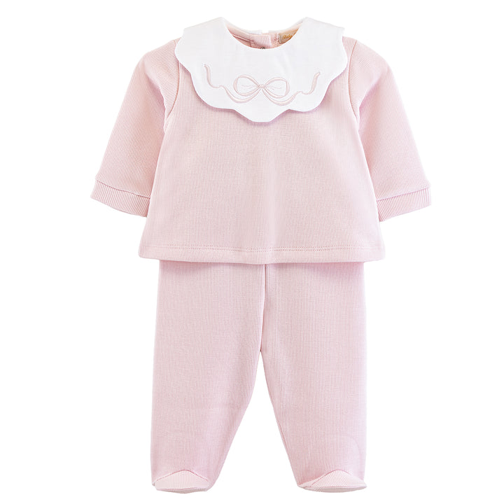 Pretty Bows & Roses Jacquard Pant Set with Embroidered Scallop Collar by Baby Club Chic