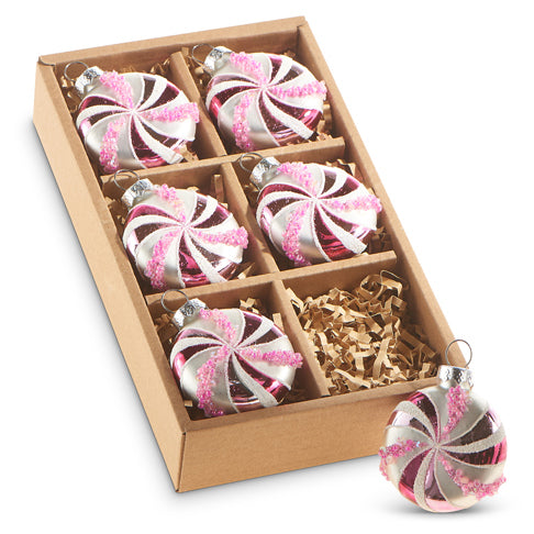 RAZ Imports Box of Six Pink Glittered Peppermint Ornaments