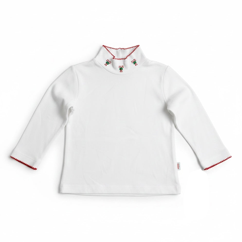Candy Canes Embroidered on Scallop Mock Turtle Neck by The Smiley Crab