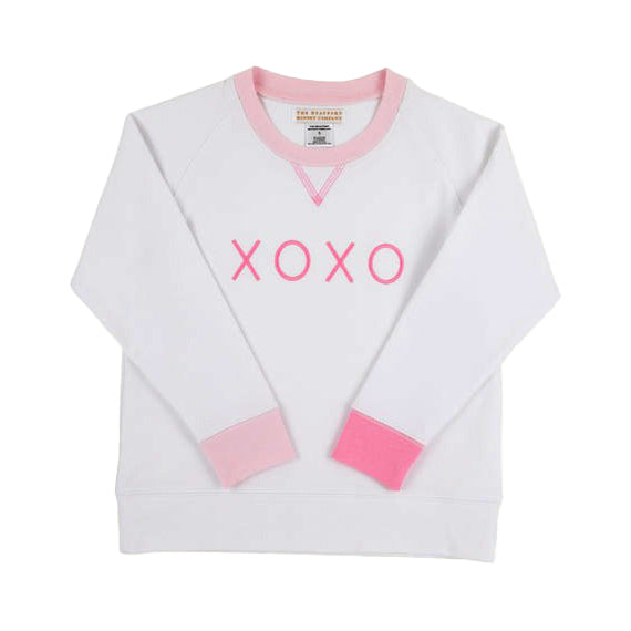 White with Pink XOXO Applique Cassidy Comfy Crewneck by The Beaufort Bonnet Company