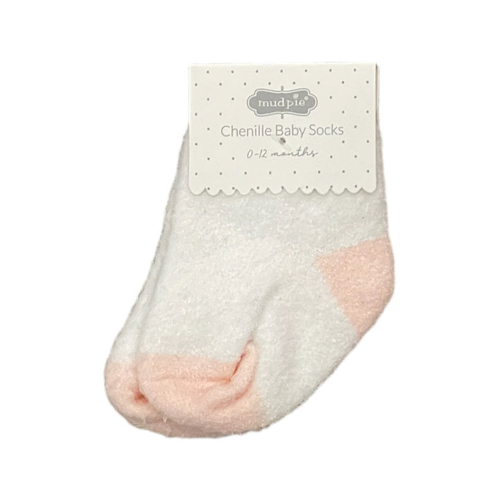 Mud Pie Chenille Baby Socks - White with Pink Heel / Toe