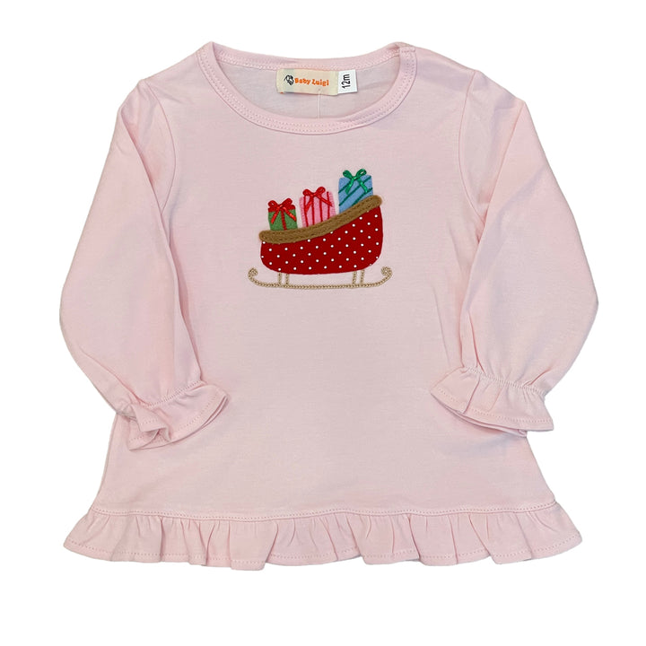 Christmas Sleigh with Gifts Pink Long Sleeve Ruffle Top by Luigi