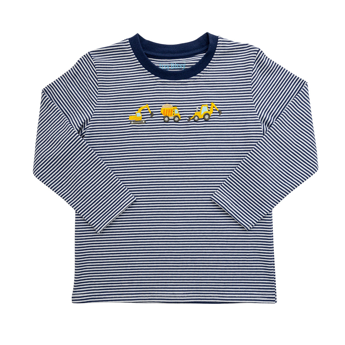 Construction Equipment Embroidered on Striped Tee by Itsy Bitsy