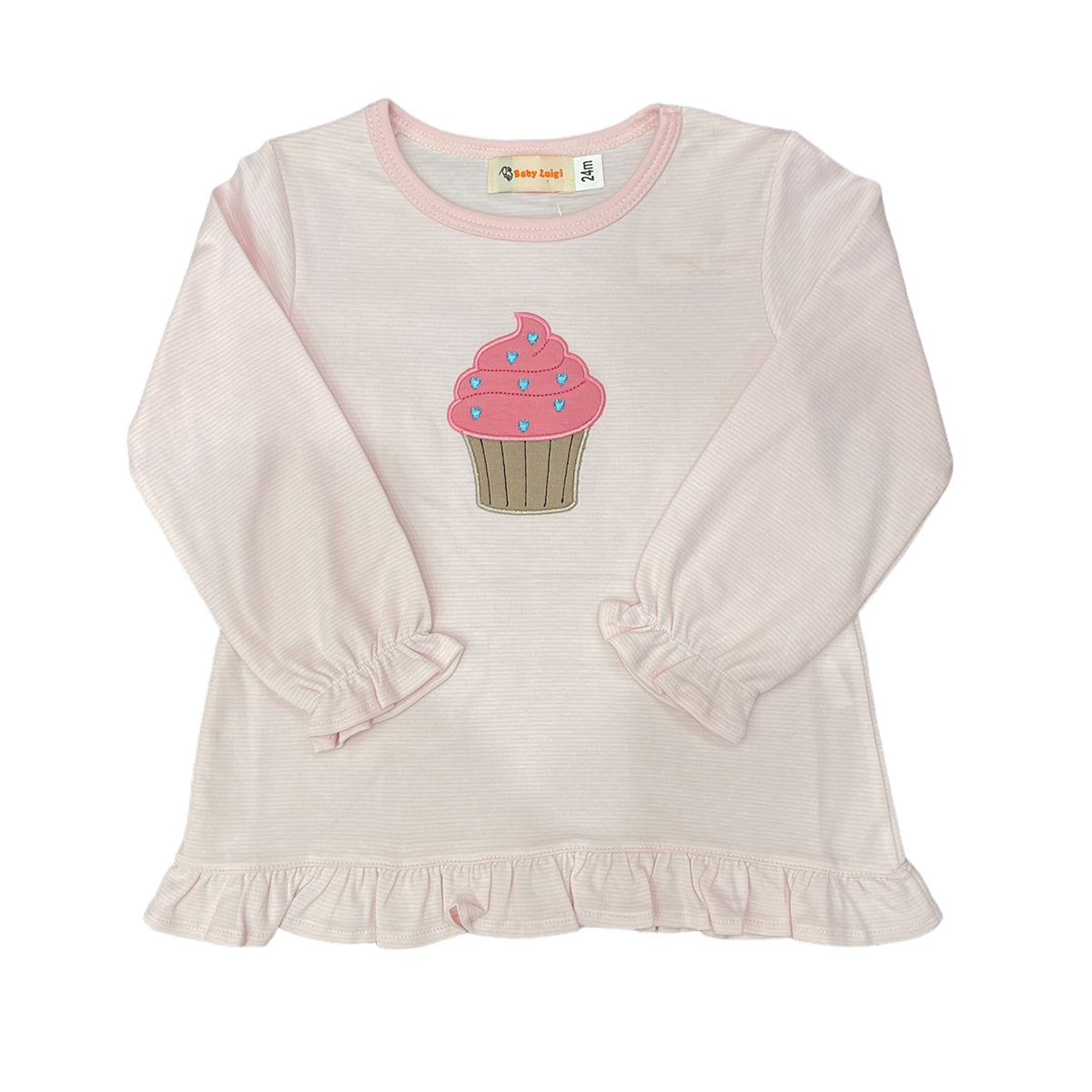 Cupcake with Hearts Light Pink and White Stripe Long Sleeve Top by Luigi