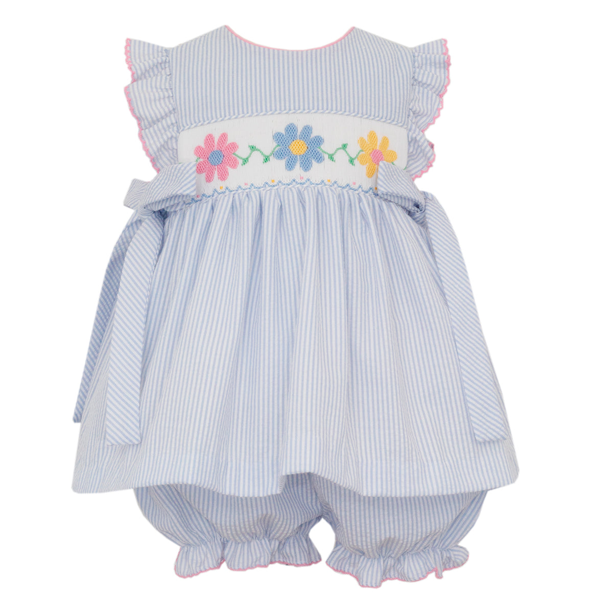 Daisies on Light Blue Seersucker Bloomer Set with SIde Bows by Anavini