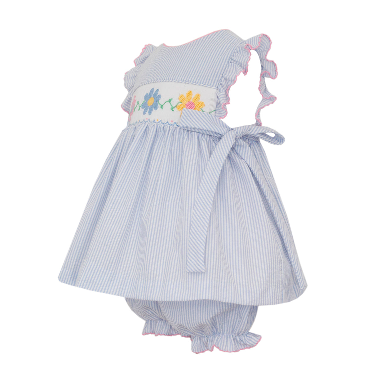 Daisies on Light Blue Seersucker Bloomer Set with SIde Bows by Anavini