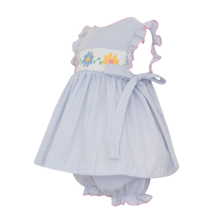Daisies on Light Blue Seersucker Bloomer Set with SIde Bows by Anavini