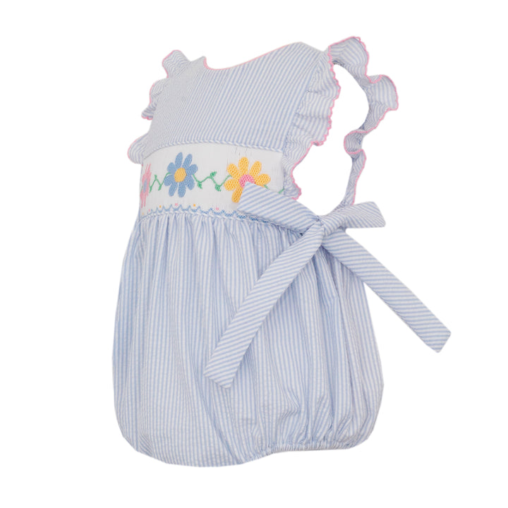 Daisies on Light Blue Seersucker Bubble with SIde Bows by Anavini