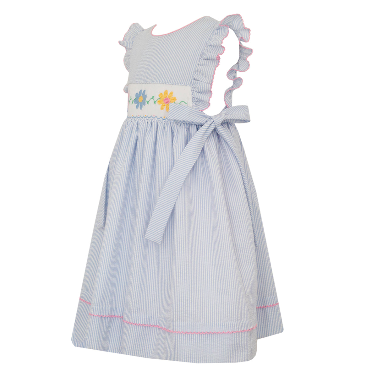 Daisies on Light Blue Seersucker Dress with SIde Bows by Anavini
