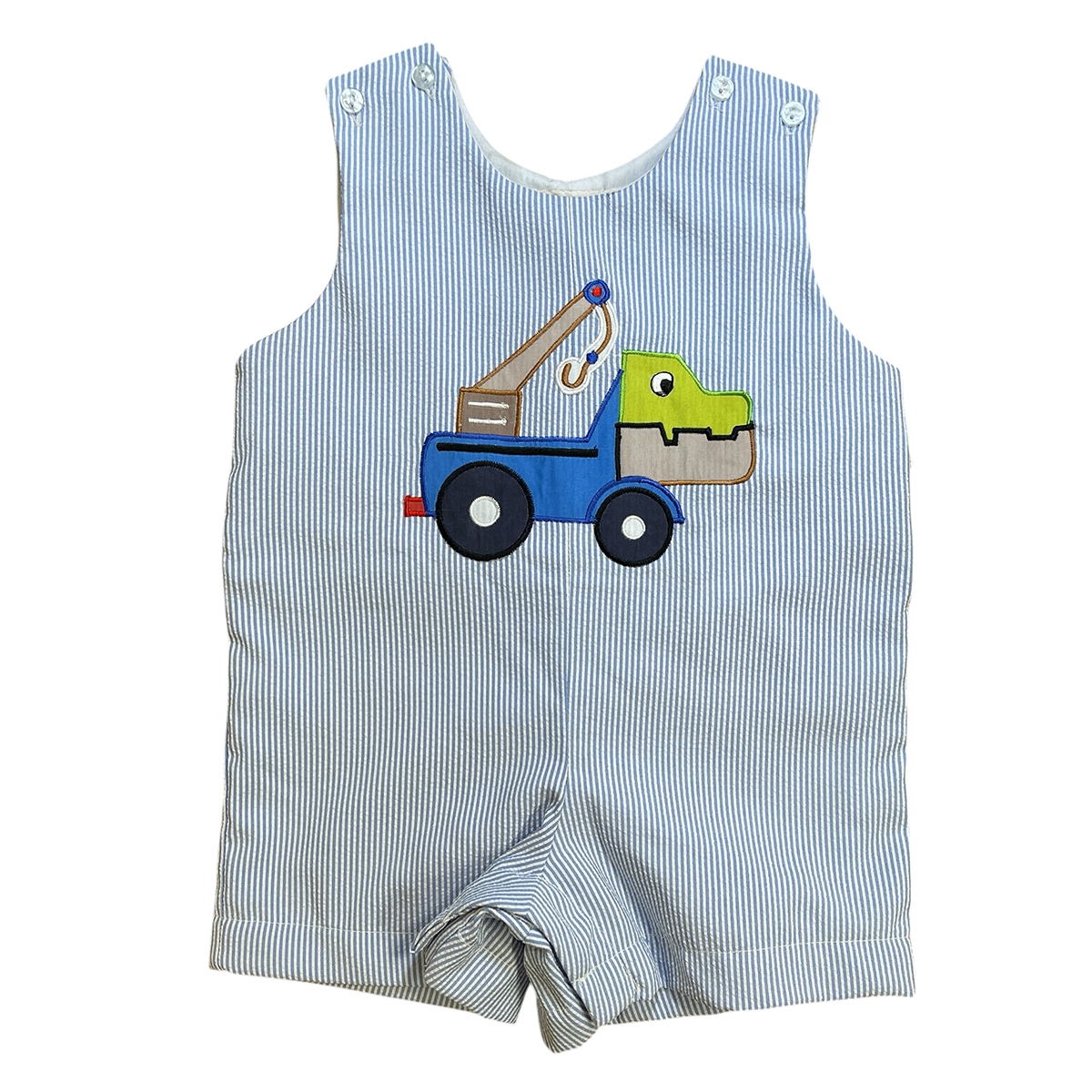 Light Blue Seersucker Romper with Dinosaur Truck by Rosalina Baby