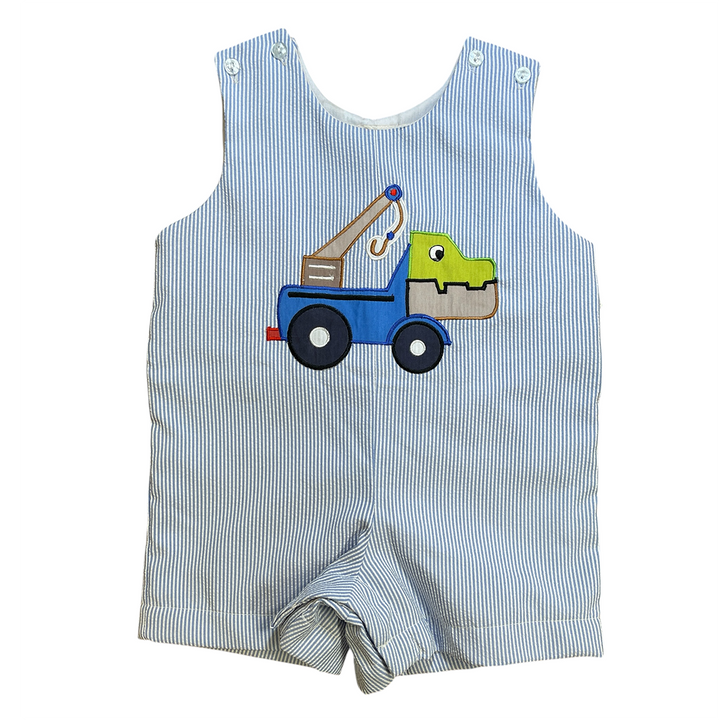 Light Blue Seersucker Romper with Dinosaur Truck by Rosalina Baby