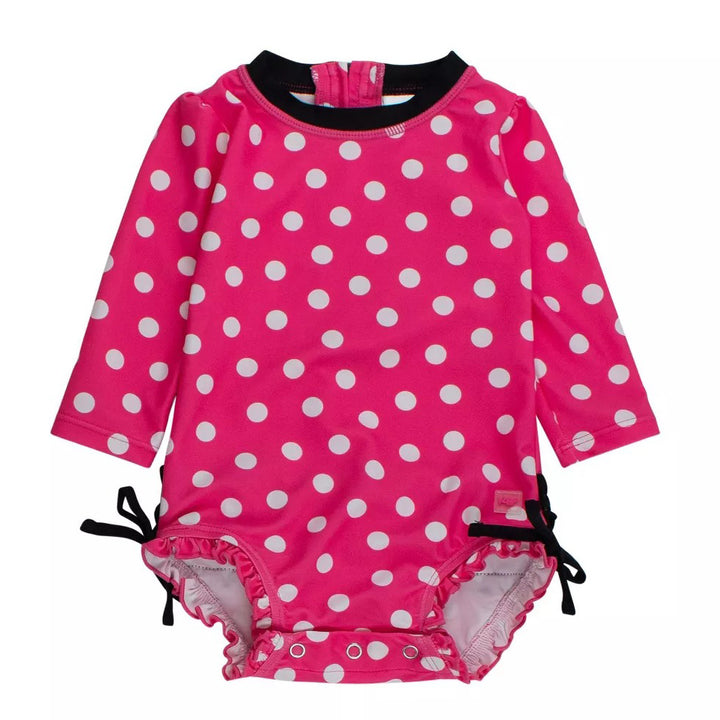 Hot Pink Polka Dot Long-Sleeve One-Piece Rash Guard Swimsuit by RuffleButts