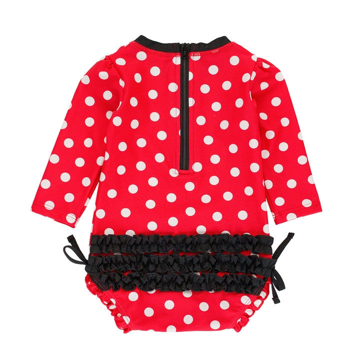 Red Polka Dot Long-Sleeve One-Piece Rash Guard Swimsuit by RuffleButts