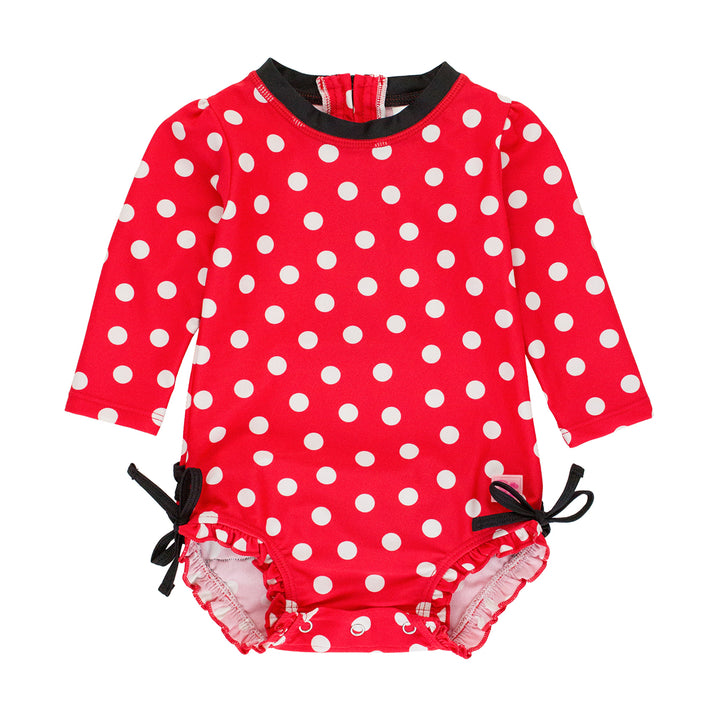 Red Polka Dot Long-Sleeve One-Piece Rash Guard Swimsuit by RuffleButts