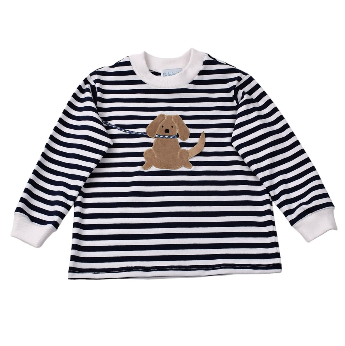 Dog on Leash Applique on Navy Stripe Top by Funtasia