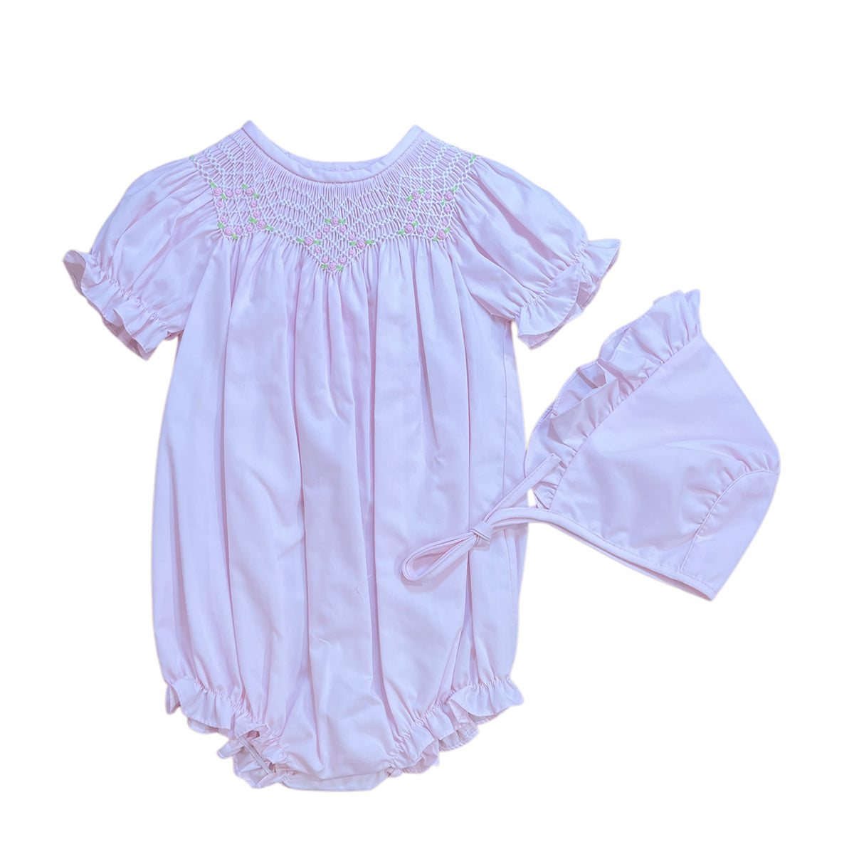 Pink English Smocked Bubble with Bonnet by Rosalina Baby