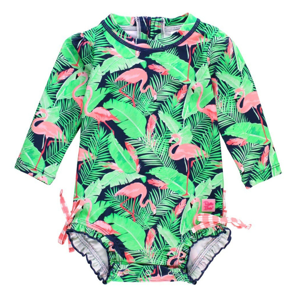 RuffleButts Flamingo Frenzy LS One-Piece Rash Guard – Purple Butterfly