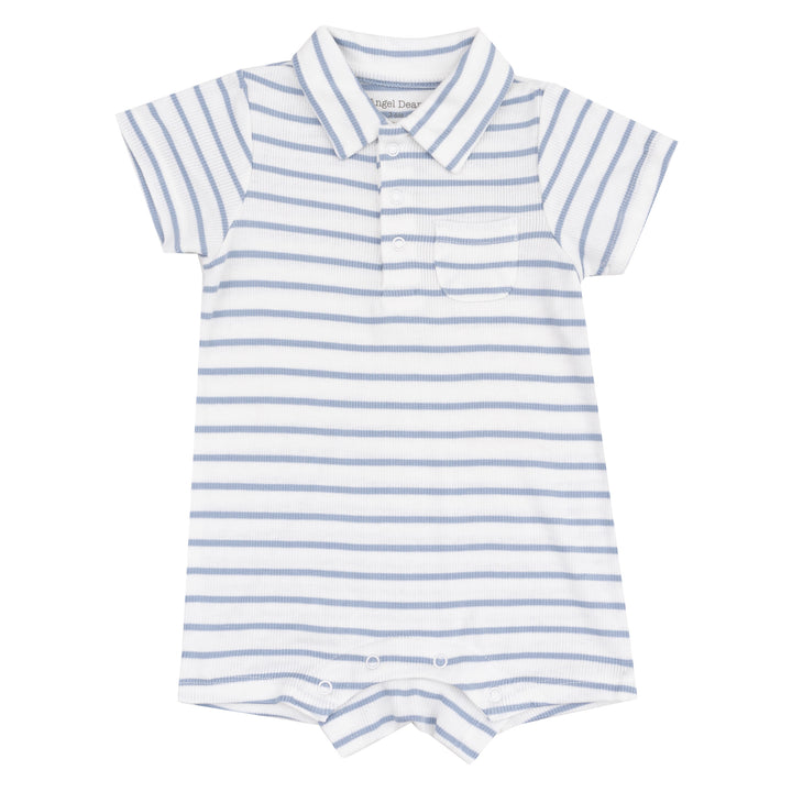 French Stripe Dusty Blue Polo Romper by Angel Dear