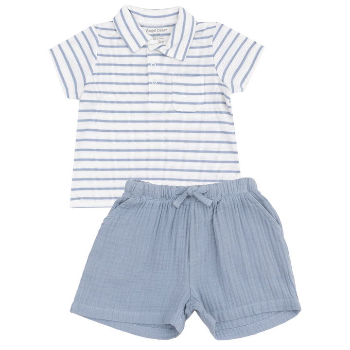 French Stripe Dusty Blue Polo & Muslin Short Set by Angel Dear