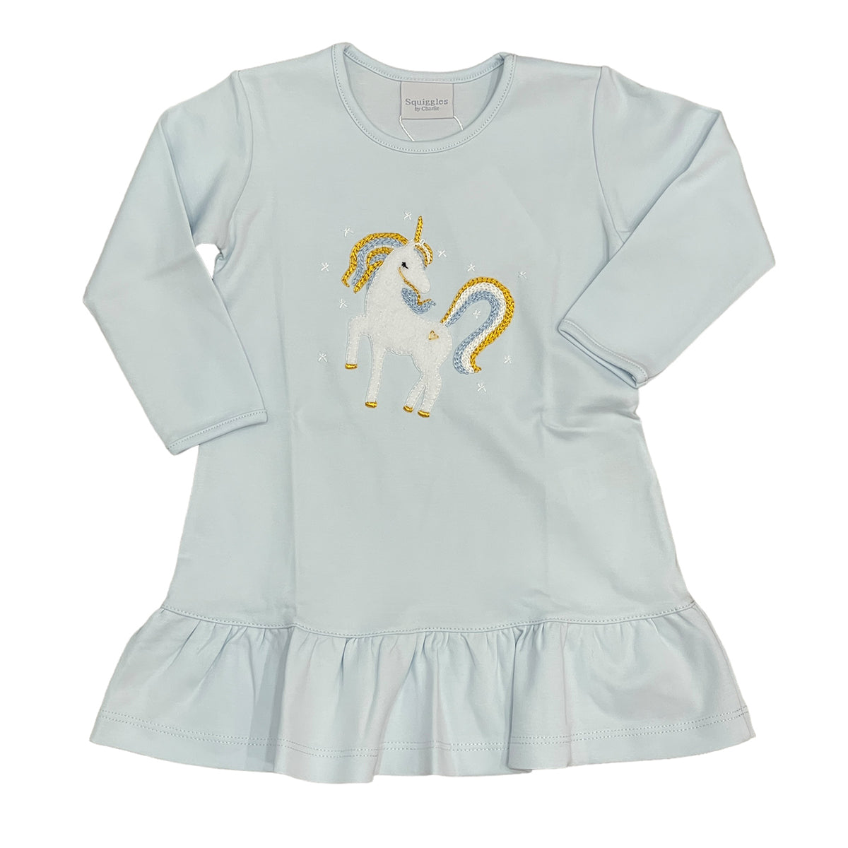 Gilded Unicorn Applique on Light Blue Dress by Squiggles