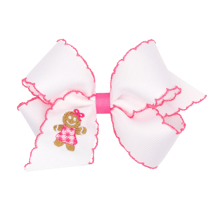 Gingerbread Man Embroidered on White with Pink Edge Moonstitch Bow by Wee Ones (2 sizes)