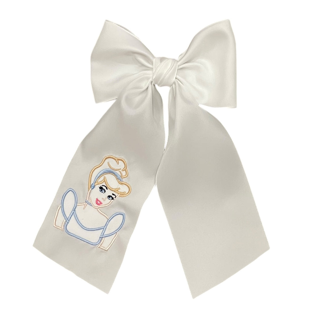 Glass Slipper Princess Embroidered on Satin Bow with Tails by Beyond Creations