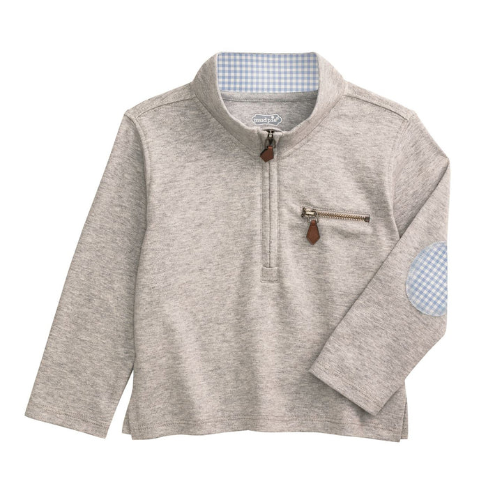 Gray Quarter Zip Pullover with Gingham Trim by Mud Pie