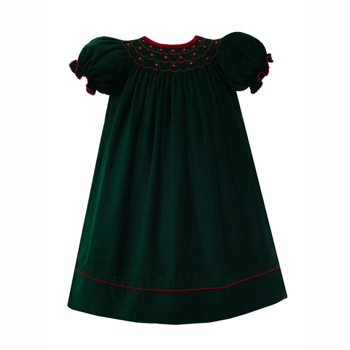 Green Corduroy Smocked Bishop with Red Velvet Trim by Anavina