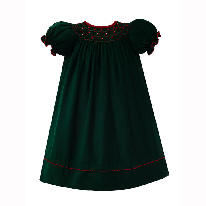 Green Corduroy Smocked Bishop with Red Velvet Trim by Anavina