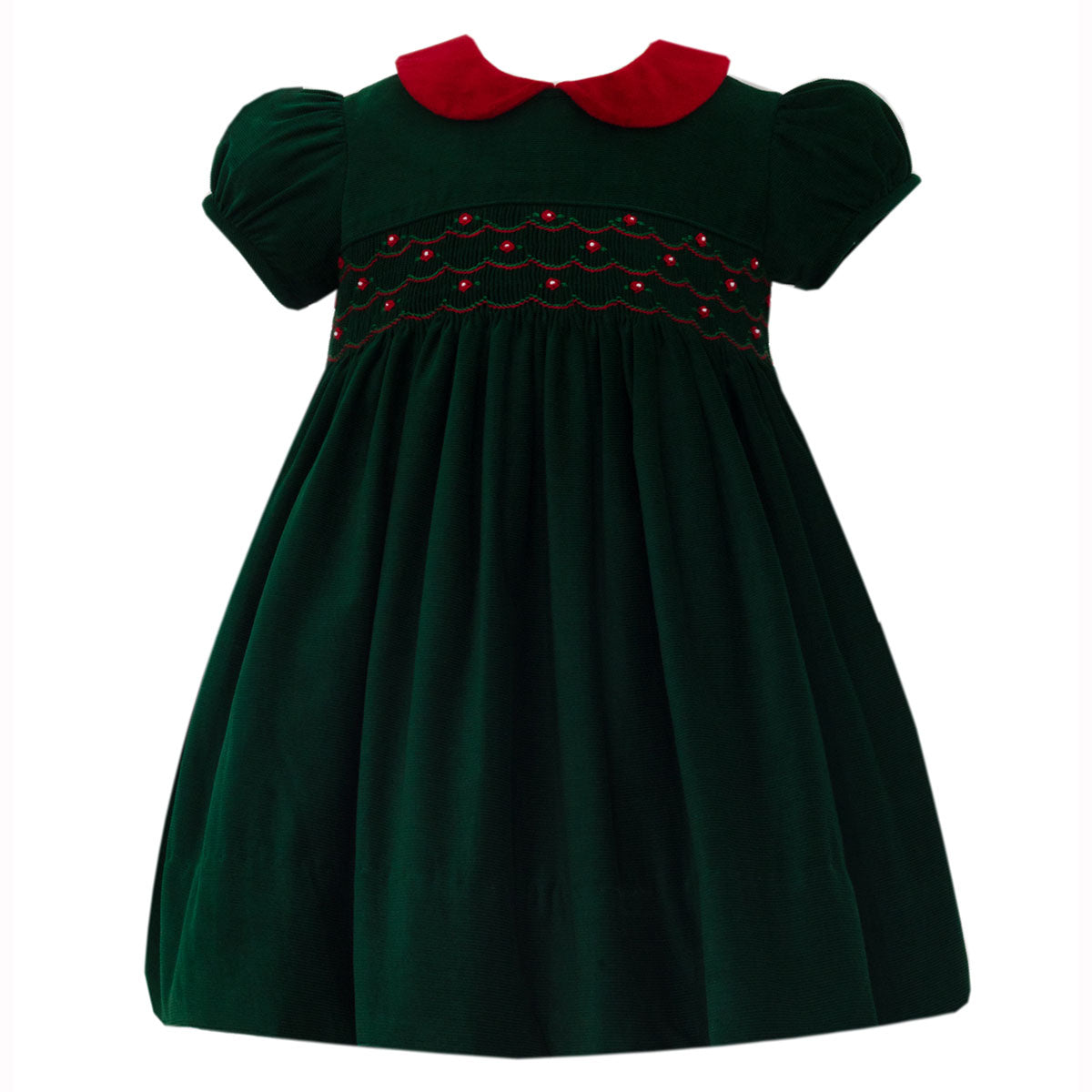 Green Corduroy Smocked Dress with Red Velvet Collar by Anavina