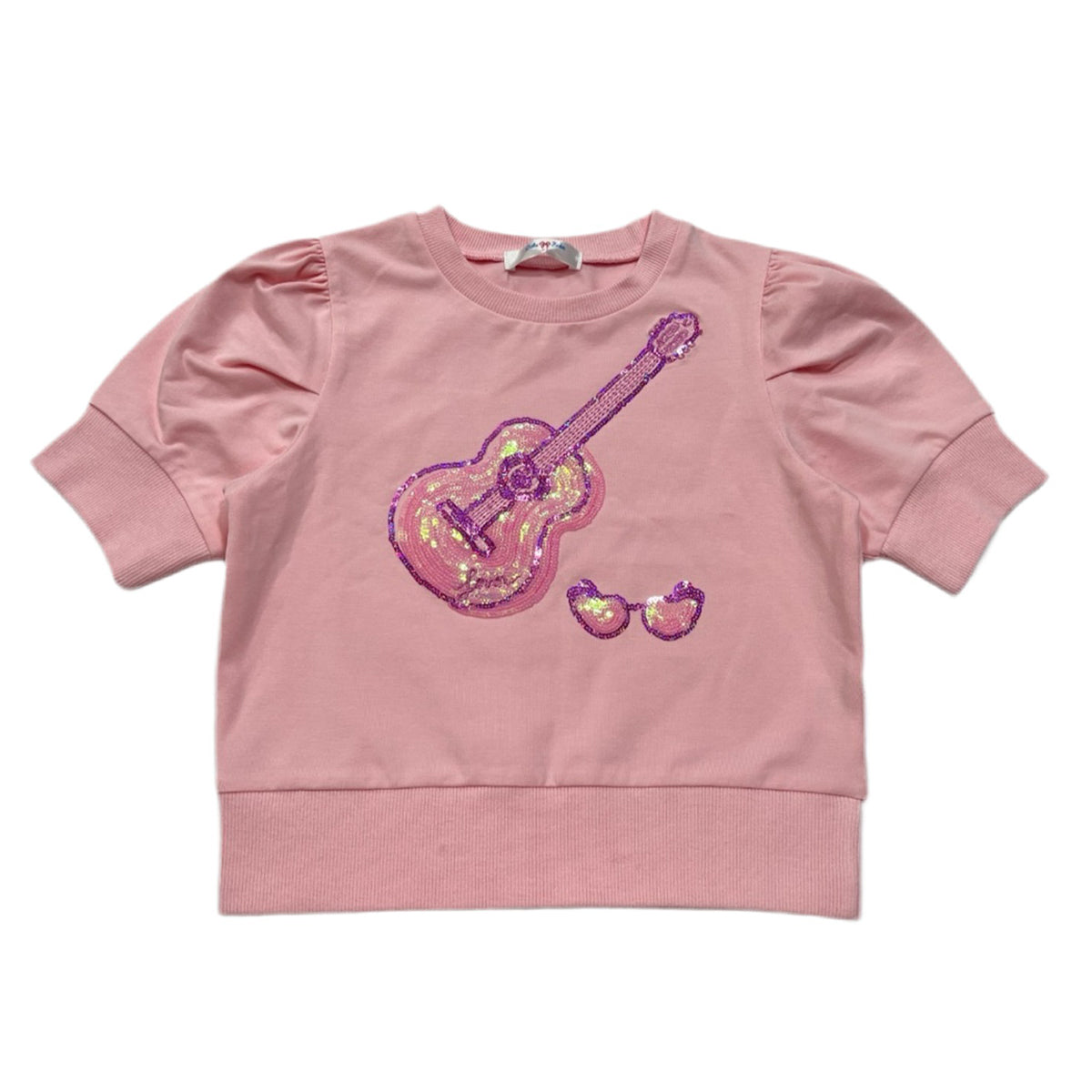 Sequin Guitar on Light Pink Puff Sleeve Shirt by Lulu Bebe