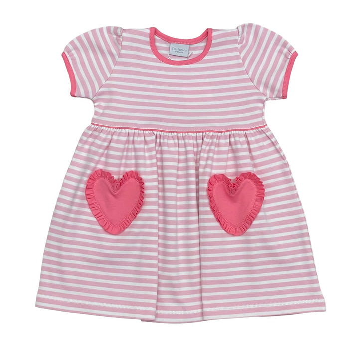 Squiggles Pink Stripe Dress with Heart Pockets