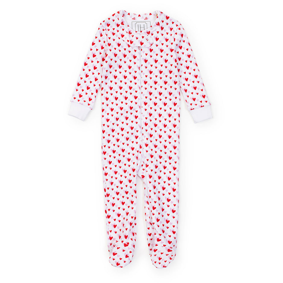 Lila & Hayes Baby Girls Parker Zip Footie - Pink & Red Heart to Heart Valentines