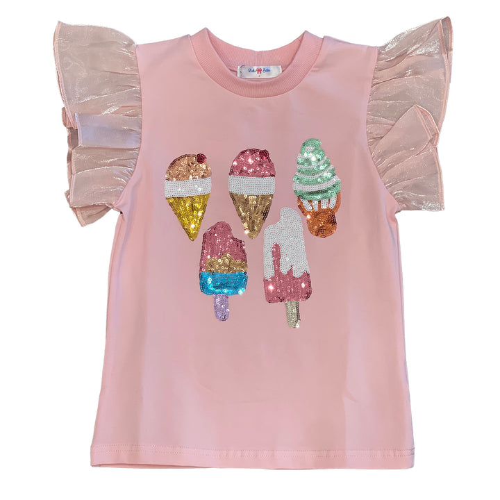 Ice Cream Cone Sequin Pink Puff Sleeve Top by Lulu Bebe