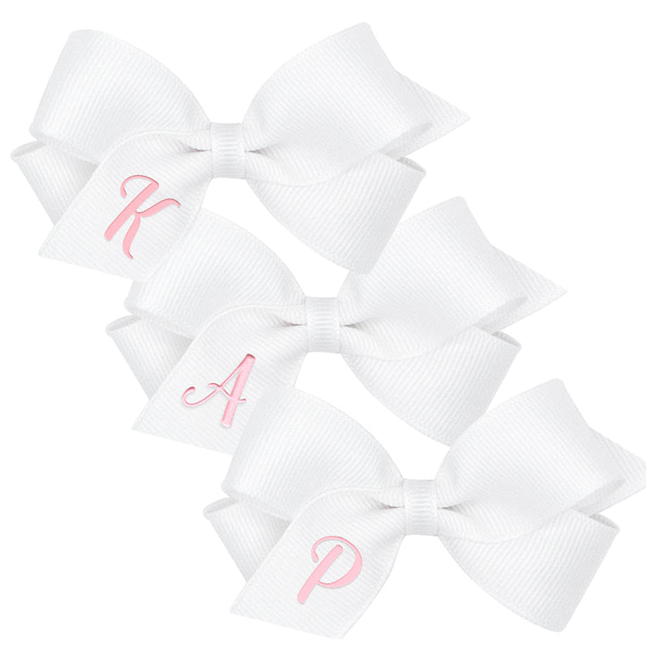 Wee Ones Mini Monogrammed Bow - White with Light Pink Initial - 19 Letters