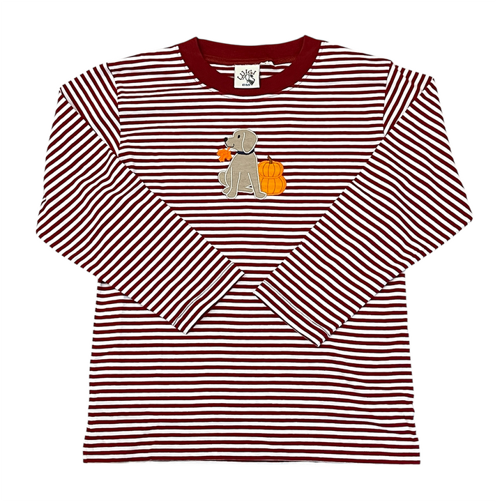 Lab with Pumpkin and Autumn Leaf on Burgundy Stripe Shirt by Luigi