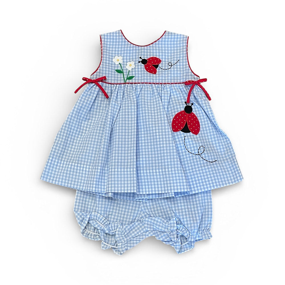 Blue Check Dress with Lady Bug and Flower Applique by Petit Ami