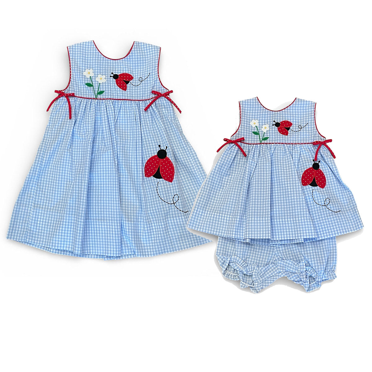 Blue Check Dress with Lady Bug and Flower Applique by Petit Ami