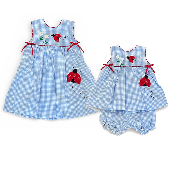 Blue Check Dress with Lady Bug and Flower Applique by Petit Ami