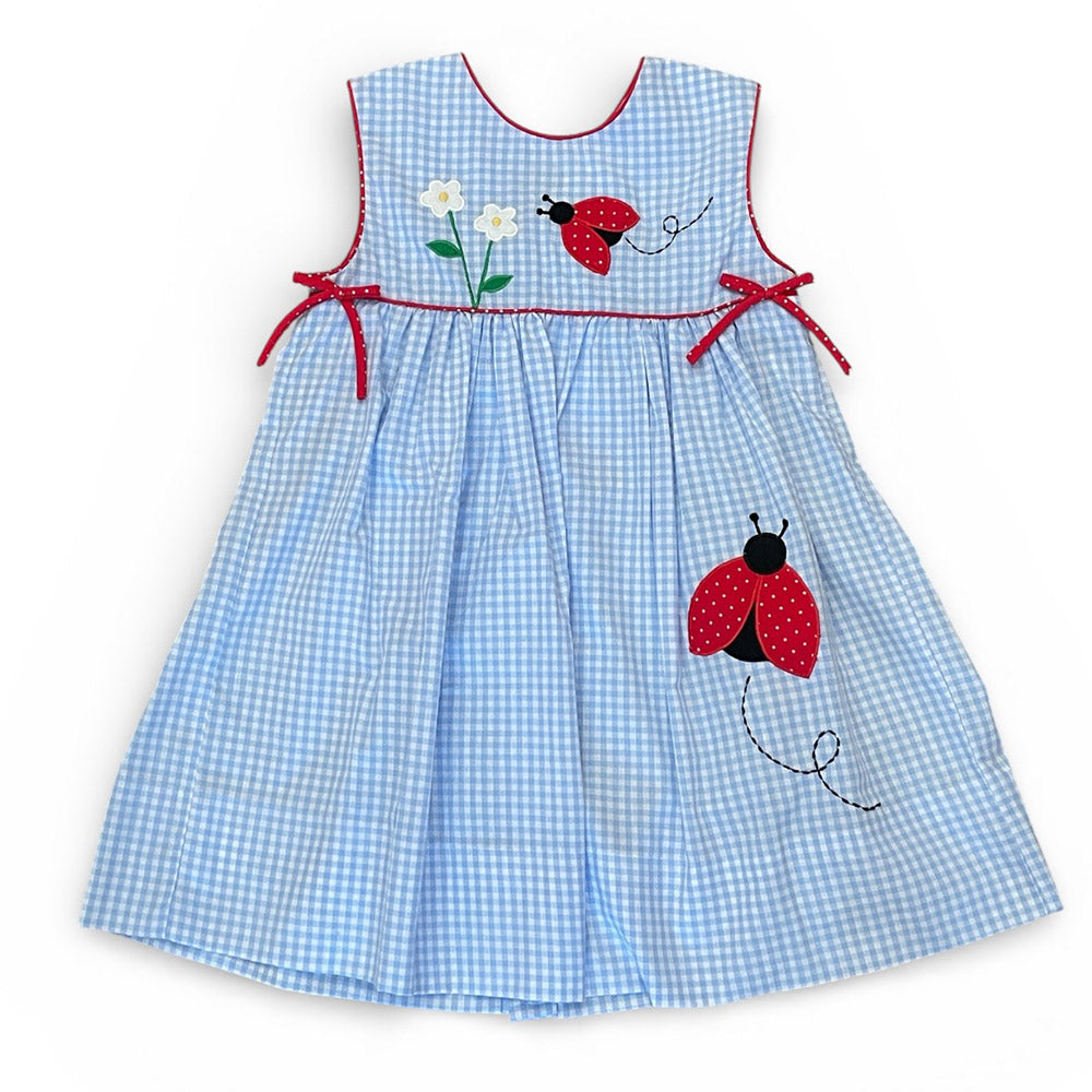 Blue Check Dress with Lady Bug and Flower Applique by Petit Ami