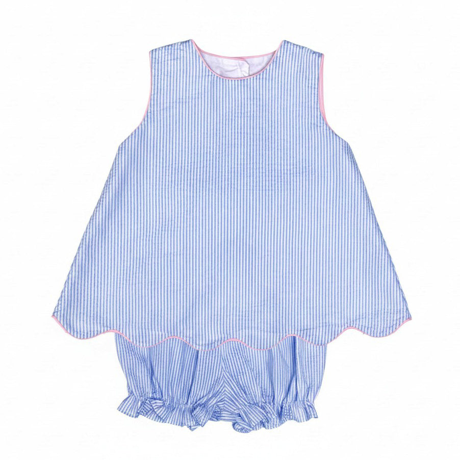 Light Blue Seersucker with Pink Bow and Trim Sundae Set by Zuccini Kids