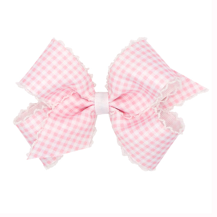 Light Pink Gingham Grosgrain King Bow with Moonstitch Edge by Wee Ones
