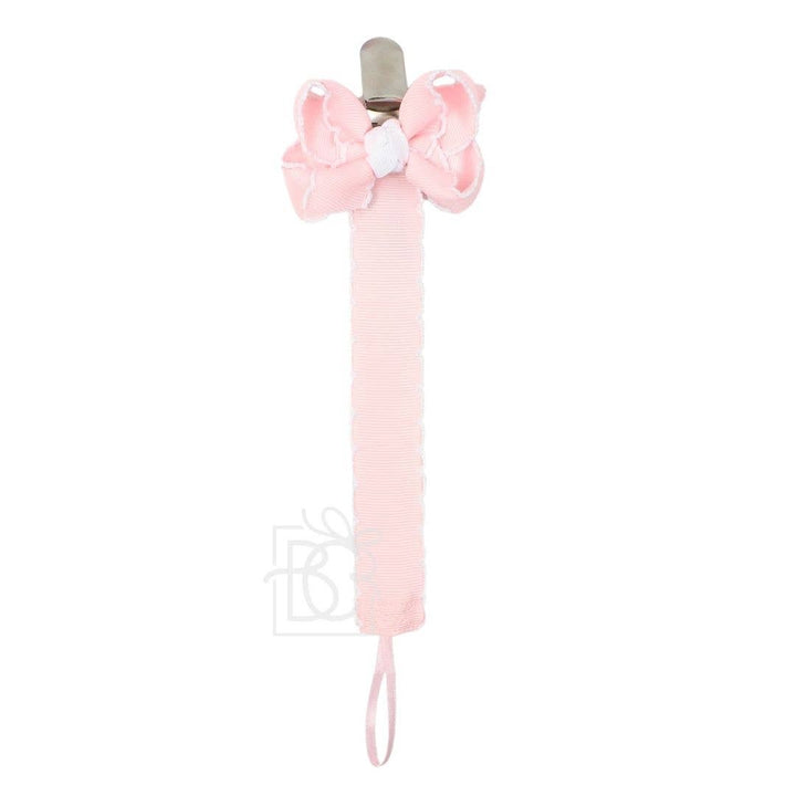 Light Pink with White Crochet Edge Pacifier Clip with Bow by Beyond Creations