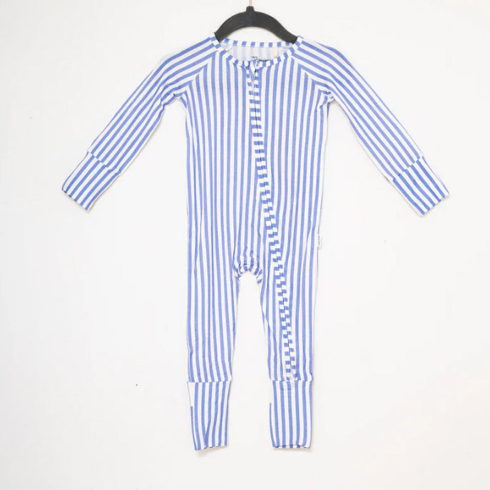 Light Blue Mini Stripe Sleep Romper by The Uptown Baby