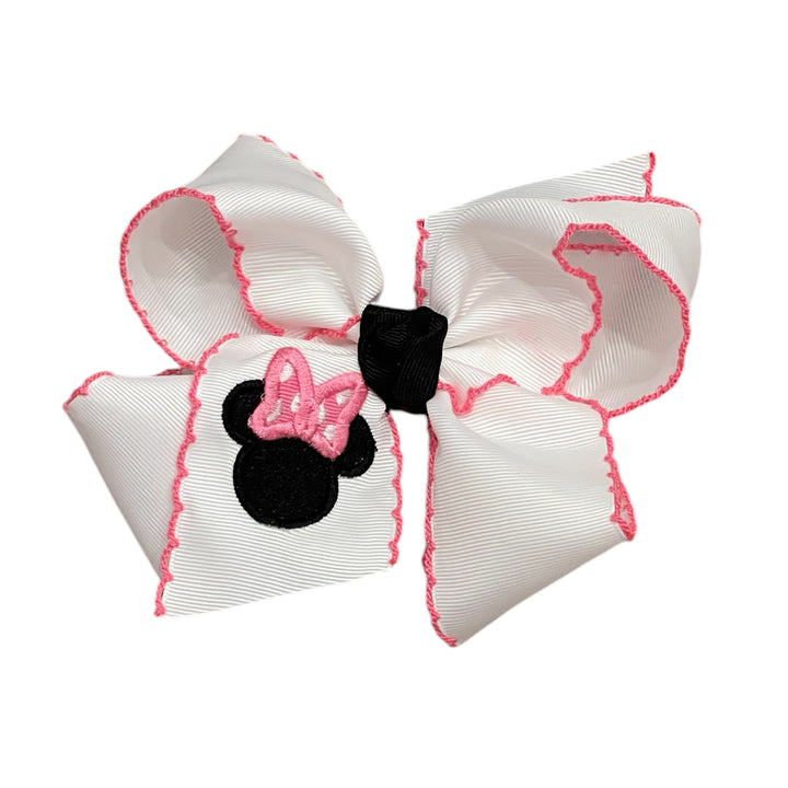 Hot Pink/White Mouse Embroidered on Crochet Edge Bow by Beyond Creations