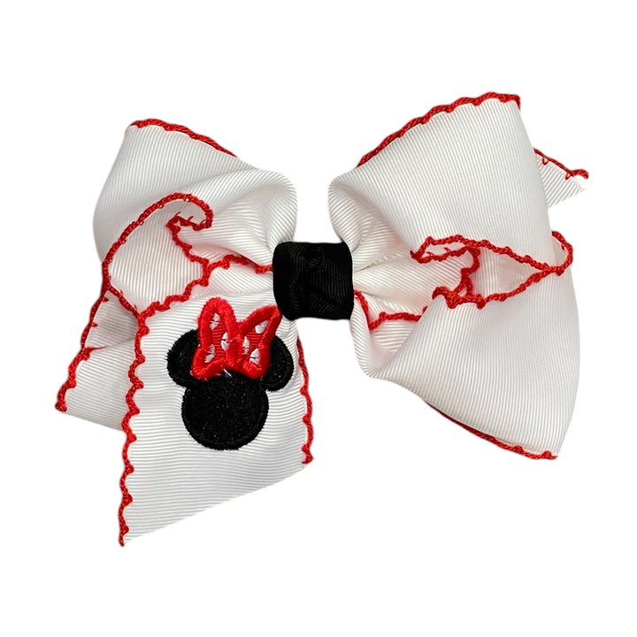 Red/White Mouse Embroidered on Crochet Edge Bow by Beyond Creations