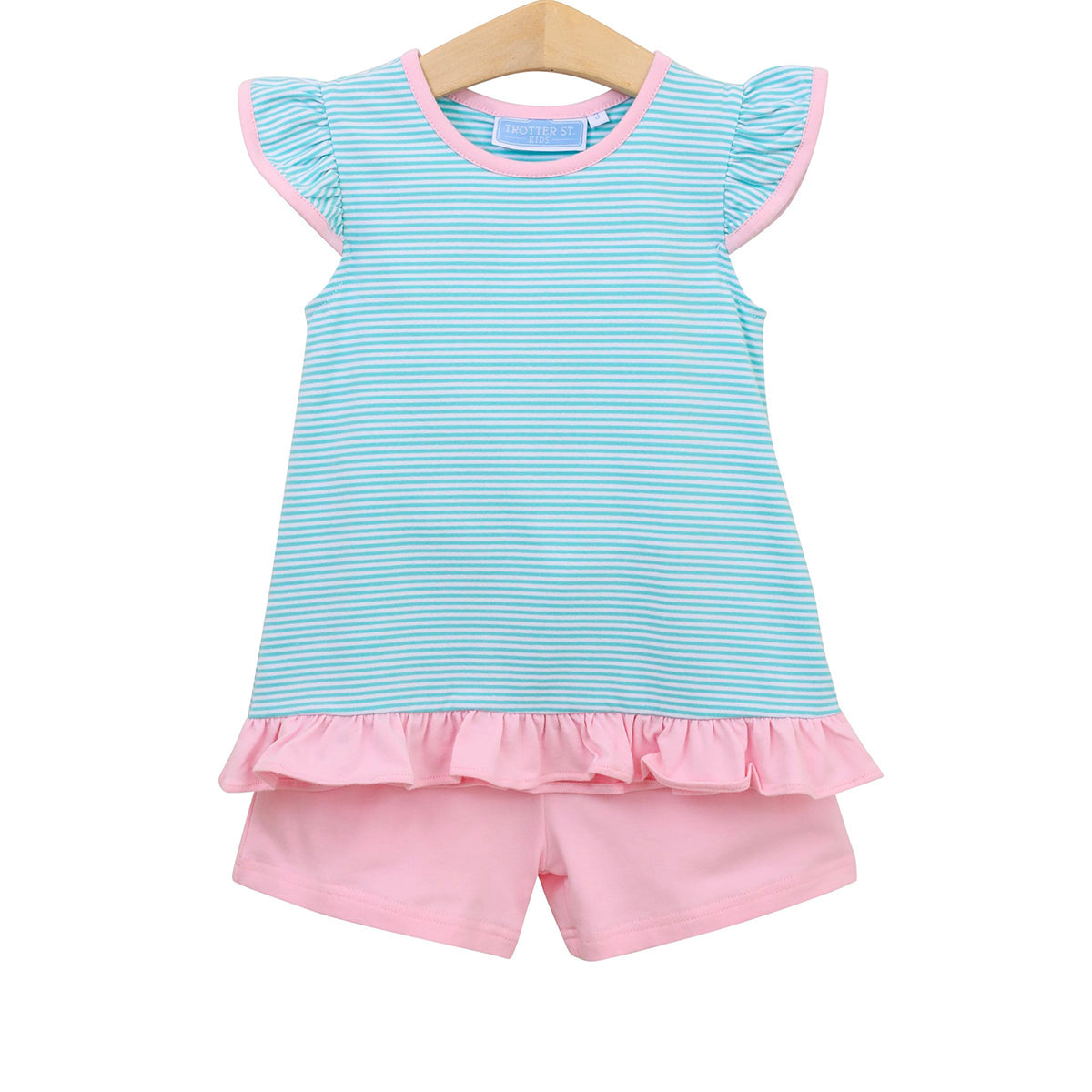 Mint Stripe / Pink Trim Mary Margaret Short Set by Trotter Street Kids