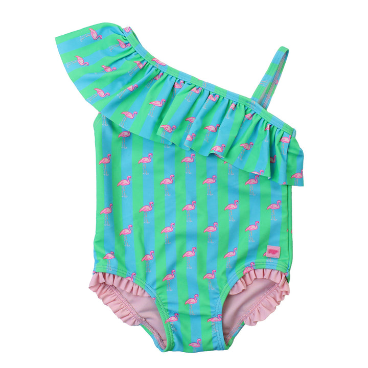 Neon Flamingo Stripe One-Shoulder Ruffle Swimsuit by RuffleButts